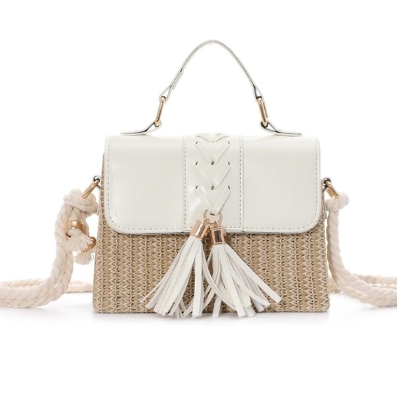 Chic White and Tan Straw Shoulder Bags Crossbody Clutch Bag Tassel Handbag - Picture 2 of 7